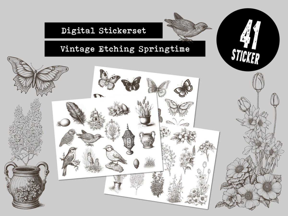 Digitale Sticker Etching Vintage Frühling