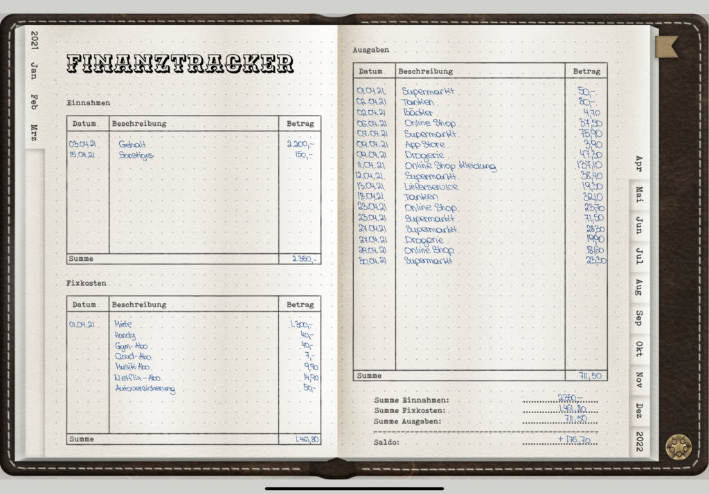 digitales Bullet Journal Finanztracker