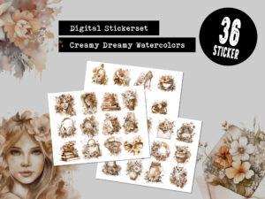 Digitales Stickerset Creamy Dreamy Watercolors mit Blumen und Alltagsmotiven im Aquarellstil