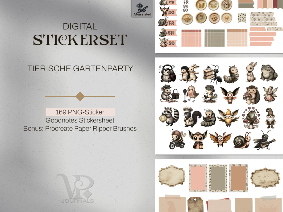 Stickerset Tierische Gartenparty für digitales Bullet Journal